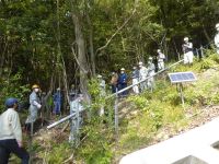 崩壊地対策工頭部に段差・亀裂が生じ、伸縮計を設置している